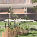 Modern Building Exterior With Wooden Elements Glass Walls And Landscaped Courtyard Hedges Lawn And People