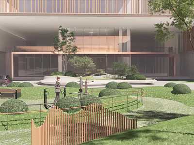 Modern Building Exterior With Wooden Elements Glass Walls And Landscaped Courtyard Hedges Lawn And People 3d model