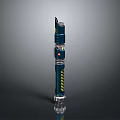 Dark Blue Cylindrical Device With Top Opening Yellow Stripes Red Button And Shiny Bottom