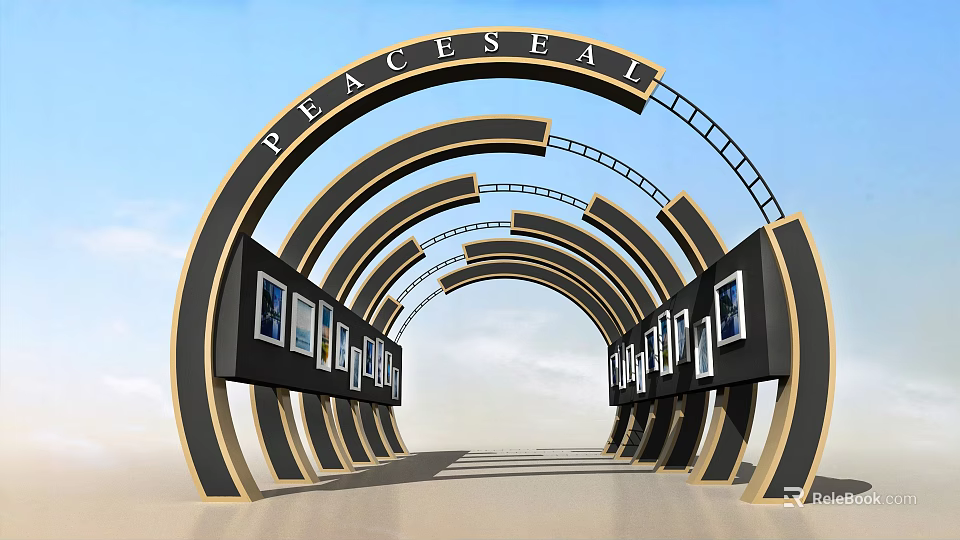 Garden Landscape Featuring Arched PEACESEAL Structure With Black White Curved Design And Display Frames 3d model 