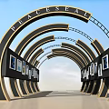Garden Landscape Featuring Arched PEACESEAL Structure With Black White Curved Design And Display Frames 3d model