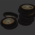 Stacked Car Tires With Alloy Wheels And Orange Trim Accents Design