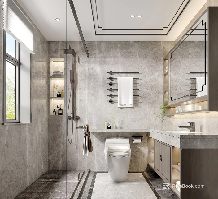 Modern Bathroom Interior With Marble Walls Glass Shower Enclosure Vanity And Mirror 3d model 