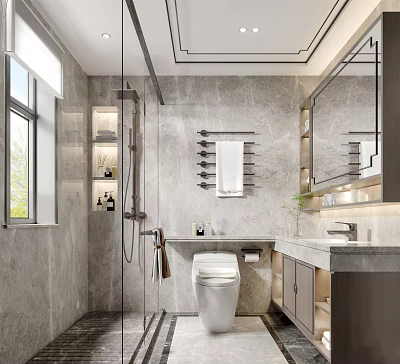 Modern Bathroom Interior With Marble Walls Glass Shower Enclosure Vanity And Mirror 3d model