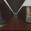 Elegant Office Corridor With Wooden Paneling Recessed Lighting Screen Partitions And Decorative Stone Accents