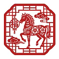Traditional Chinese Red Octagonal Paper Cut Wall Decor with Horse Lanterns and Clouds