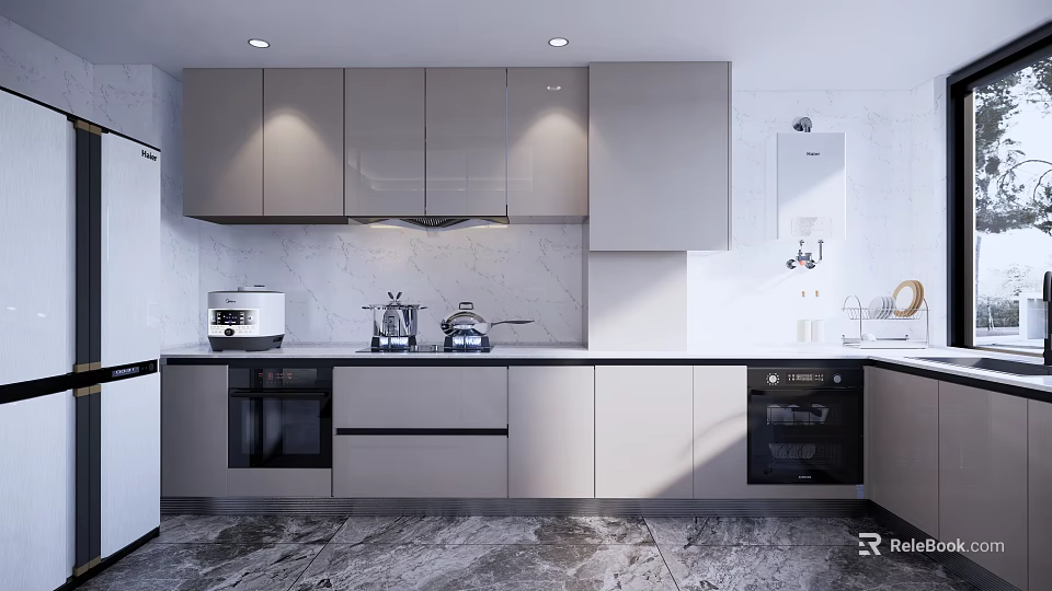 Modern Kitchen Interior Design With Gray Cabinets Marble Countertop And Appliances 3d model 