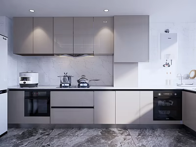 Modern Kitchen Interior Design With Gray Cabinets Marble Countertop And Appliances 3d model