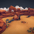 Desert Canyon Natural Landscape With Red Rock Formations Sand Dunes And Scattered Plants