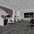 Modern Office Interior With Open Layout Brick Wall Curved Design Desks Computers And Projection Screen 3d model