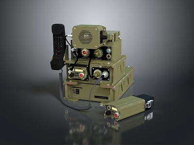 Vintage Military Radio Equipment With Green Stacked Cases Control Knobs And Handset 3d model