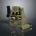 Vintage Military Radio Equipment With Green Stacked Cases Control Knobs And Handset