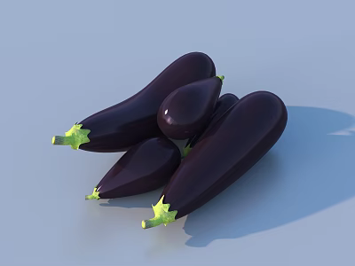 Several Fresh Purple Eggplants With Green Stems On Light Background 3d model