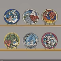 Vibrant Decorative Plates Arranged On Wooden Shelves With Colorful Cartoon Designs
