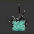 Minecraft Game Character With Sword On Turquoise Block Structure And Tools