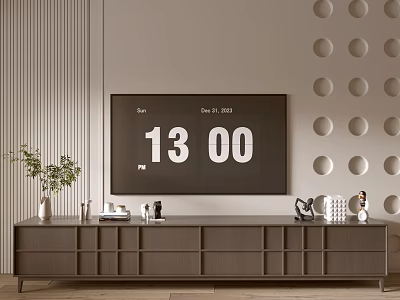Modern Wooden TV Stand With Decorative Vase TV Screen Vertical Slats And Circular Wall Design 3d model