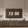 Modern Wooden TV Stand With Decorative Vase TV Screen Vertical Slats And Circular Wall Design