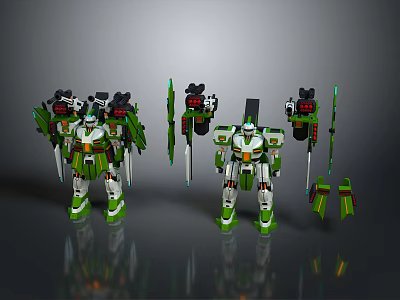 Green And White Armored Mech Robot Game Movie Character With Weapons And Multiple Views 3d model