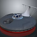 Futuristic Cosmic Spacecraft With Circular Platform Blue Window Cabin And White Cone