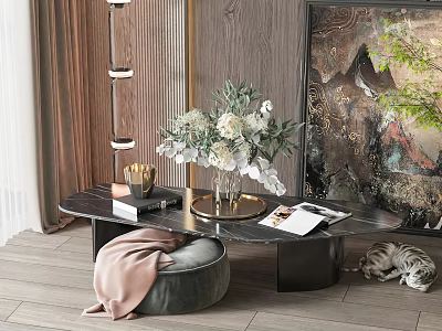 Elegant Marble Top Coffee Table With Floral Arrangement Books Gray Poof And Wooden Floor 3d model
