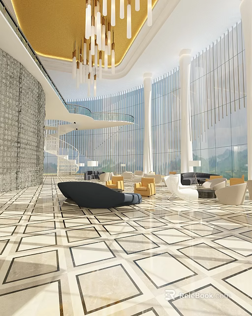 Luxurious Modern Hotel Lobby Interior With Chandelier Marble Floor And Sofa Seating 3d model 