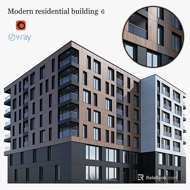 Modern Multi Storey Residential Apartment Building With Elegant Wooden Facade And Sleek Glass Balconies 3d model 