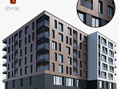 Modern Multi Storey Residential Apartment Building With Elegant Wooden Facade And Sleek Glass Balconies 3d model