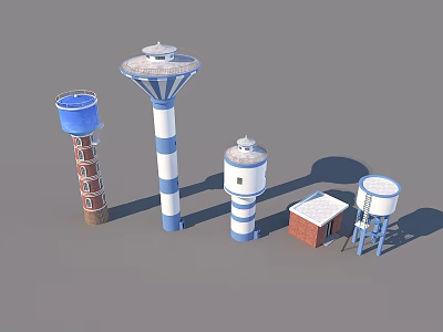 Industrial Equipment Featuring Various Water Towers With Blue White Stripes And Red Brick Structures 3d model