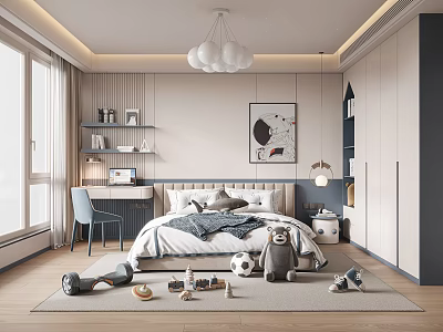 Cozy Kids Room Interior Design With Bed Toys Study Desk And Storage Cabinet 3d model