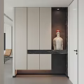 Modern Entryway Hall Interior Design With White Cabinets Black Marble Countertop And Decorative Sculpture