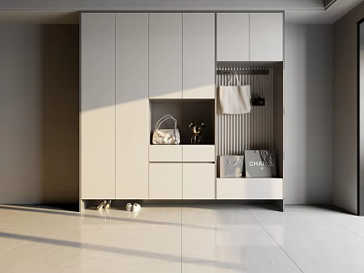 Modern White Shoe Cabinet Design With Open Storage Shelves Hanging Hooks And Decorative Details 3d model