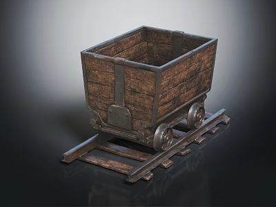 Vintage Wooden Mine Cart Featuring Metal Accents on Rustic Rails 3d model