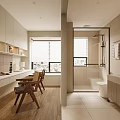 Modern Beige Bedroom Interior With Chandelier Decorative Paintings White Bed Beige Armchair And Wooden Flooring