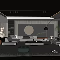 Modern Living Room Interior With Dark Ceiling Wooden Wall Round Decorative Painting And Striped Rug