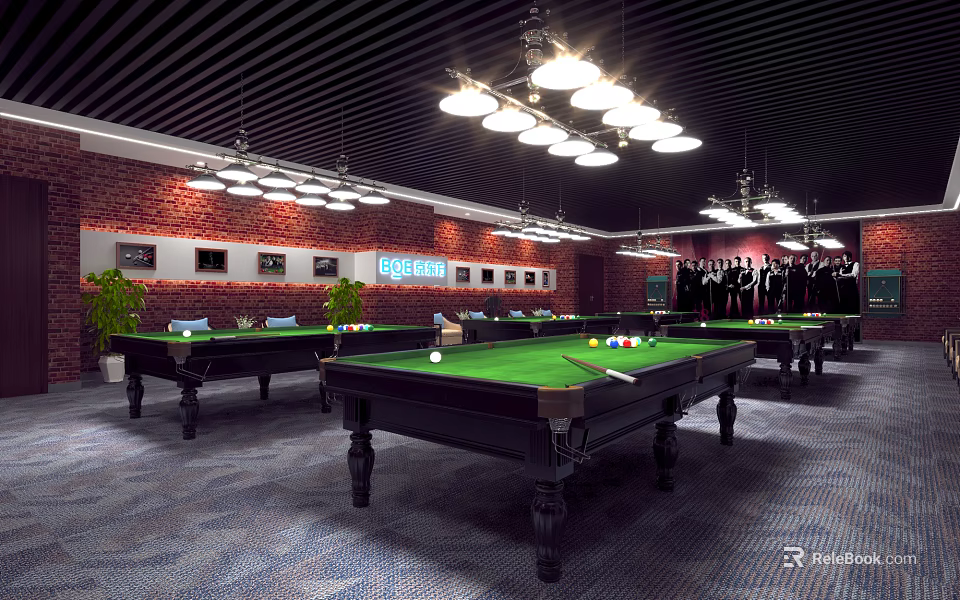 Cozy Billiard Room Featuring Multiple Green Felt Tables Ceiling Pendant Lights Brick Wall And Potted Plants 3d model 
