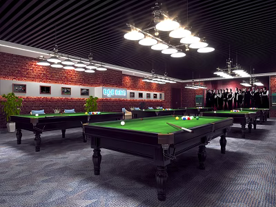 Cozy Billiard Room Featuring Multiple Green Felt Tables Ceiling Pendant Lights Brick Wall And Potted Plants 3d model