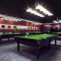 Cozy Billiard Room Featuring Multiple Green Felt Tables Ceiling Pendant Lights Brick Wall And Potted Plants