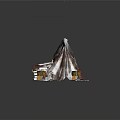 Worn Out Snow Covered Damaged Tent With Torn Fabric And Wooden Crates Against Dark Background