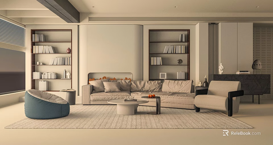 Modern Living Dining Room Interior With Neutral Sofa Bookshelves Coffee Table And Area Rug 3d model 