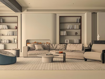 Modern Living Dining Room Interior With Neutral Sofa Bookshelves Coffee Table And Area Rug 3d model
