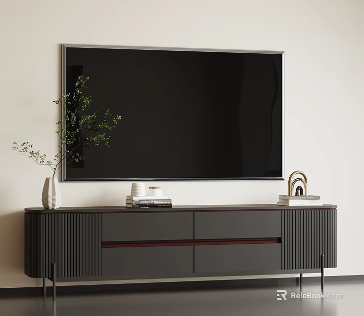 Modern TV Stand With Flat Screen TV Decorative Plant Books And Storage Drawers 3d model 