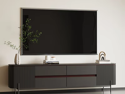 Modern TV Stand With Flat Screen TV Decorative Plant Books And Storage Drawers 3d model