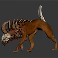 Game Movie Fantasy Character with Red Fur Long Skeletal Tail Tip Horned Head Dynamic Pose