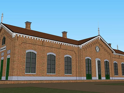 Red Brick European Style Architecture with Arched Windows Green Doors and Brown Roof 3d model
