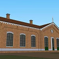 Red Brick European Style Architecture with Arched Windows Green Doors and Brown Roof