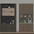 Stylish Two Tone Wooden Wine Cabinet Design With Glassware Bottles Coffee Machine Plants And LED Lights