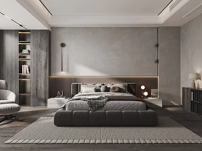 Modern Bedroom Interior Design With Large Bed Area Rug And Wall Lamps 3d model
