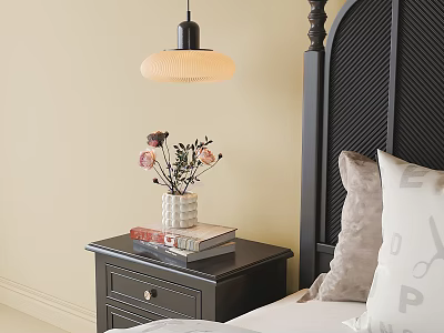 Stylish Black Bedside Table with Vase of Flowers Stacked Books and Drawer 3d model