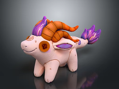 Cute Fantasy Game Movie Character With Pink Body Orange Horns Purple Fur Tail 3d model