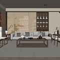 Minimalist Modern Living Room With Beige Sofa Wooden Coffee Table Decorative Backdrop And Display Shelves
